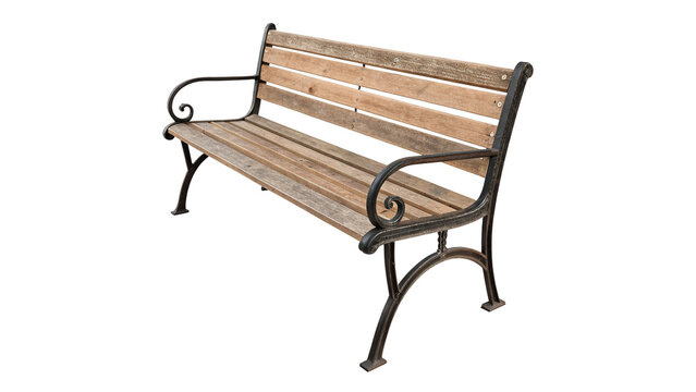 Classic wooden garden bench with metal frame isolated on transparent background.
