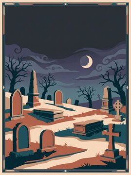 Spooky cemetery at night with tombstone and crescent moon under cloudy sky. Halloween horror and gothic death concept for holiday decoration and greeting card