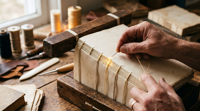 Artisan bookbinder stitching pages of a handmade book in a traditional workshop studio