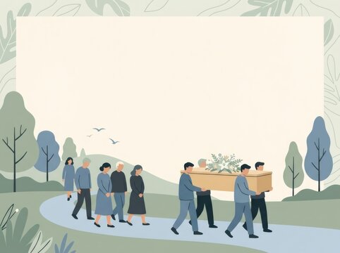 Four men carrying wooden coffin with flowers during outdoor funeral procession followed by mourning family. Grief and burial ceremony concept with copy space for condolence card background