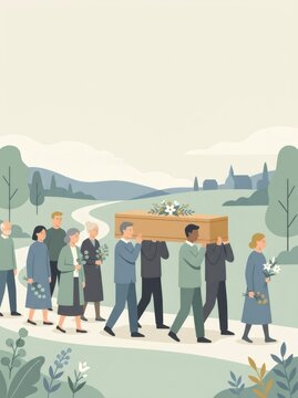 People carrying wooden coffin with flowers in funeral procession outdoors. Mourner and pallbearer walking on countryside path. Grief, death and burial ceremony concept