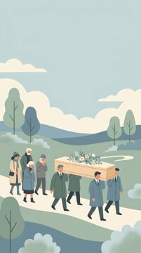 Group of mourners following pallbearers carrying coffin with flowers outdoors. Funeral procession and grief concept. Memorial service illustration for obituary and sympathy theme