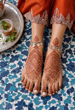 Close up of female feet decorated with intricate traditional henna mehndi patterns and silver anklets