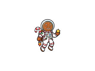 Fototapeta premium Cheerful Gingerbread Man Astronaut In A Decorated Space Suit With Candy Cane Patterns A Glass Helmet And A Golden Star Prop Vector Illustration
