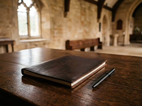 Leather journal with pen on wooden table inside historic stone church. Condolence book and guest register for wedding or funeral ceremony. Memory, reflection and remembrance concept