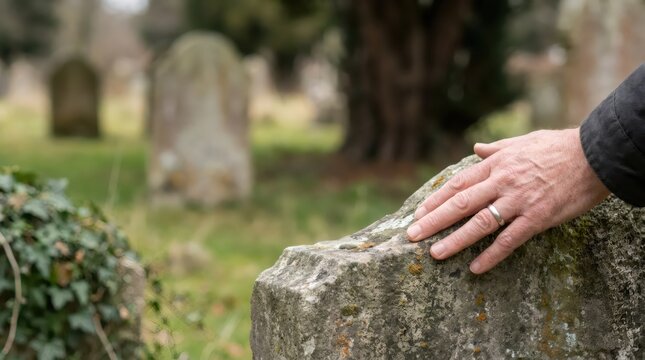 Man hand touching old weathered gravestone in cemetery. Grief and mourning concept of loss remembrance and sorrow. Bereavement funeral tribute and memory of loved one after death