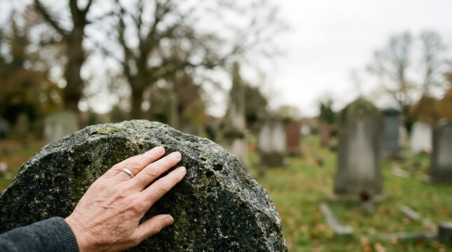 Hand of man touching old mossy tombstone in cemetery. Grief and remembrance after loss of loved one. Mourning and memory concept for funeral service and memorial day background