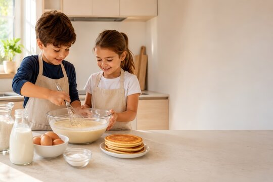 Children Mixing Pancake Batter Together in Bright Family Kitchen