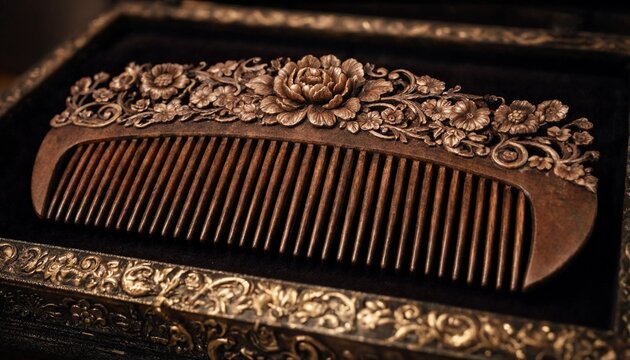 Traditional handcrafted wooden hair comb with intricate floral carvings inside a decorative vintage storage box