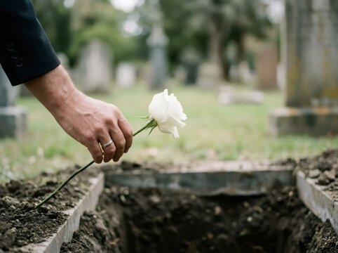 Man hand holding white rose over fresh grave in cemetery. Funeral and burial ceremony with mourning and grief. Farewell tribute and remembrance concept for loss and sympathy