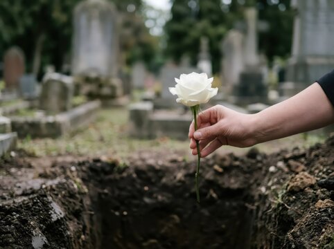 Woman hand holding white rose over open grave in cemetery. Funeral burial and mourning grief concept with farewell tribute and sorrow remembrance ceremony