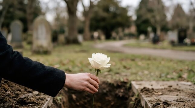Hand holding white rose over open grave in cemetery. Grief and farewell concept with mourning ritual at funeral. Loss, remembrance and tribute to deceased loved one on burial day