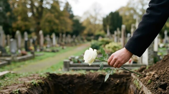 Man holding white rose over open grave in cemetery. Funeral ceremony and burial ritual with flower tribute. Concept of grief, loss and mourning on graveyard background