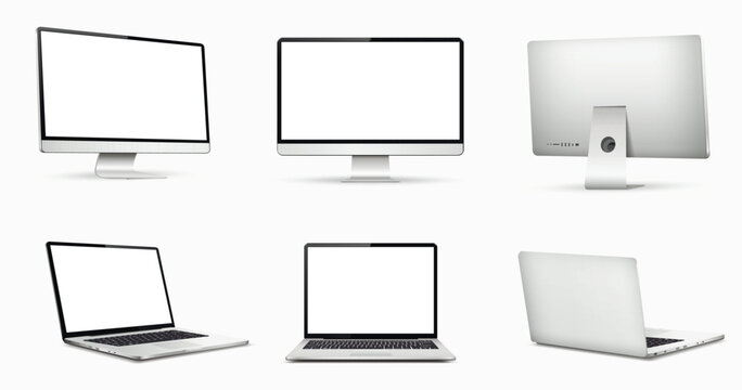 Realistic computer display mock up. Laptop computer mock up different angles views.