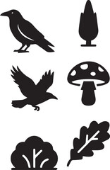 Fototapeta premium Autumn harvest and woodland nature vector icon set, perching crow, flying raven, slender tree, spotted mushroom, bush and oak leaf illustration
