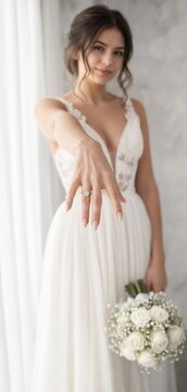 Beautiful bride showing her engagement ring while holding a white rose bouquet