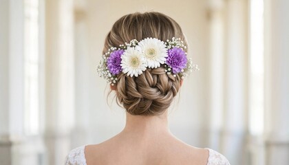 Naklejka premium Elegant bridal hairstyle with a beautiful braided updo decorated with white daisies and purple chrysanthemums