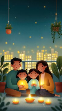 Indian Family Celebrating Diwali Together with Oil Lamp (Diya) On A Terrace At Night Photo.