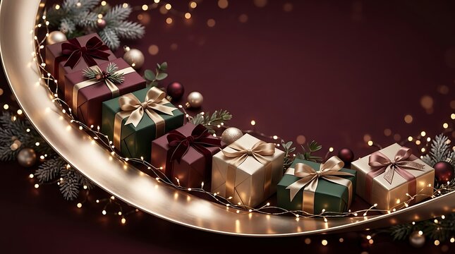 Festive christmas gift boxes with ribbons arranged on a decorative curved golden surface with holiday lights