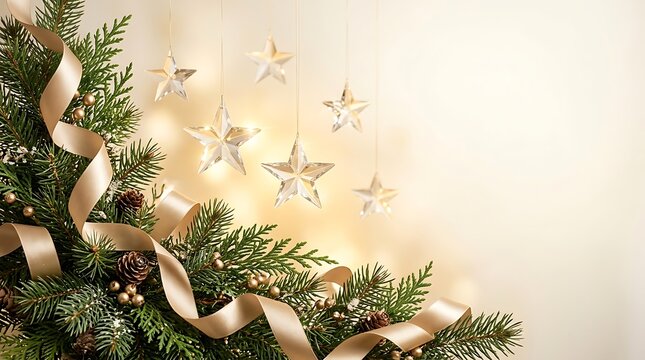 Festive christmas holiday background featuring hanging star ornaments and pine branches