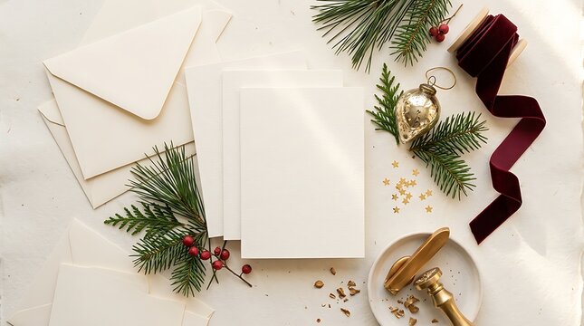 Flat lay mockup of blank christmas greeting cards with festive decorations and velvet ribbon