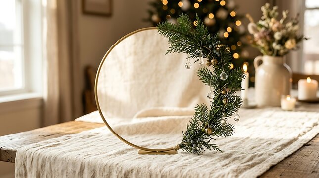 Minimalist christmas table centerpiece with golden hoop decorated with evergreen branches and crystals