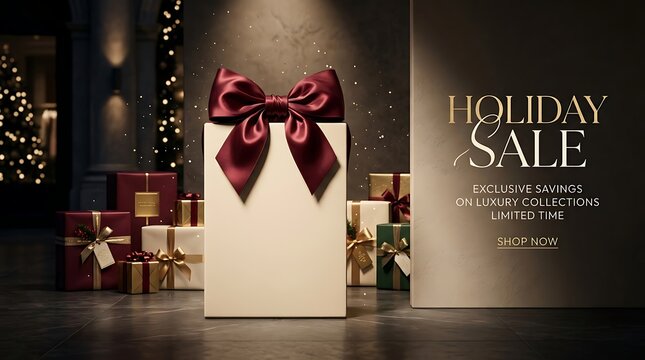 Luxury holiday sale background with gift boxes and elegant burgundy ribbon bows