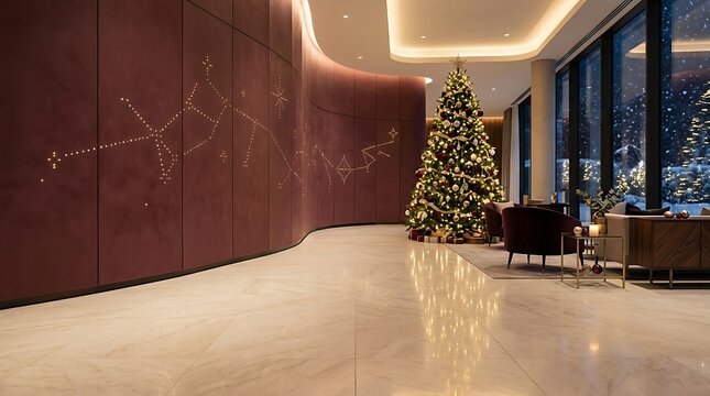 Modern hotel lobby interior decorated with a glowing christmas tree and constellations on a curved burgundy wall