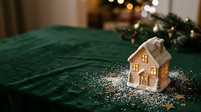 Small illuminated miniature house with snowy roof on green velvet fabric with golden stars