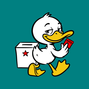 Cartoon duck with ballot box and card.