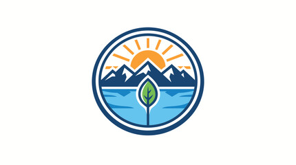 Mountain sunrise landscape vector illustration featuring a stylized green leaf icon centered within a circular emblem design with bold blue outlines and vibrant orange sun rays for outdoor adventure b © Muntaha