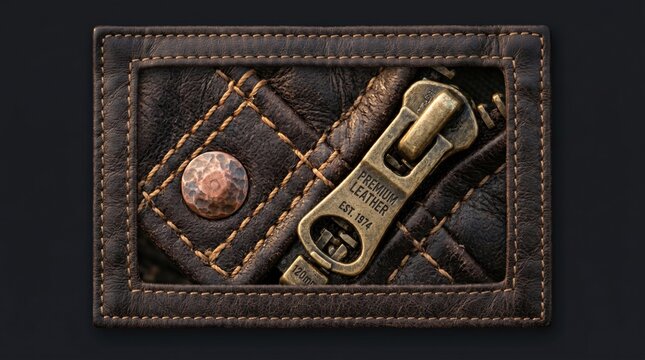 A close view of a leather wallet is shown. The wallet has a zipper and visible stitching. The zipper has a tag that reads Premium Leather Est 1971. The design shows focus on texture.