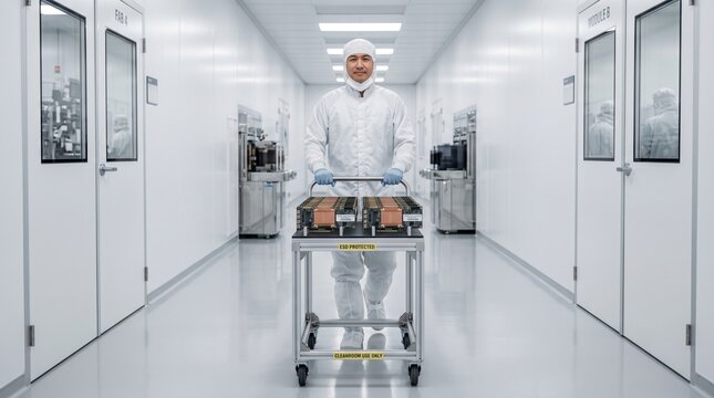 A worker in protective gear moves a cart with semiconductor materials down a long corridor in a clean room. The area has a sterile look with white walls and bright lights.