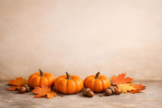 autumn pumpkin arrangement along the bottom with orange pumpkins and fallen leaves against a soft neutral copy space background