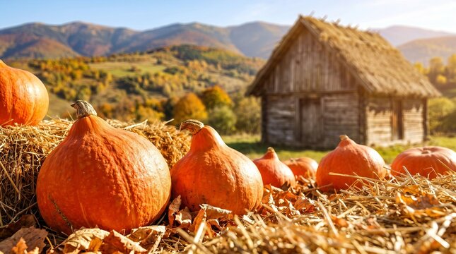 Pumpkin patch on a sunny autumn day, vibrant orange pumpkins in foreground