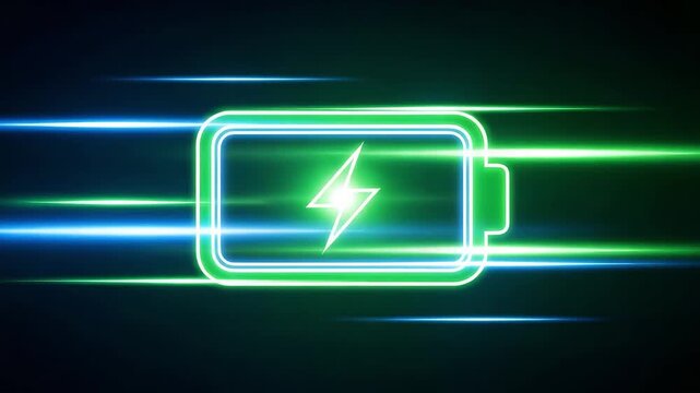 Neon glowing battery icon with horizontal light streaks on a dark background, representing fast charging technology and energy efficiency