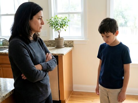 A mother with her arms crossed looking sternly at her young son who is standing with his head bowed in a kitchen with wooden cabinets