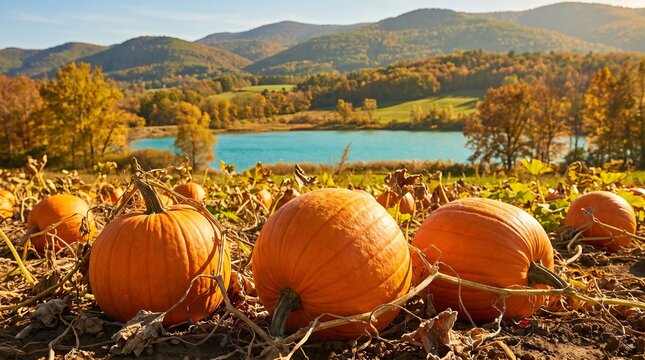 Pumpkin patch on a sunny autumn day, vibrant orange pumpkins in foreground