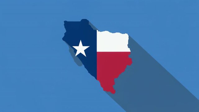 Texas map animated with flag filling against blue background with long shadow