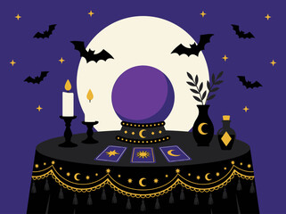 Fortune teller table with crystal ball, tarot cards, and full moon illustration © Ozel