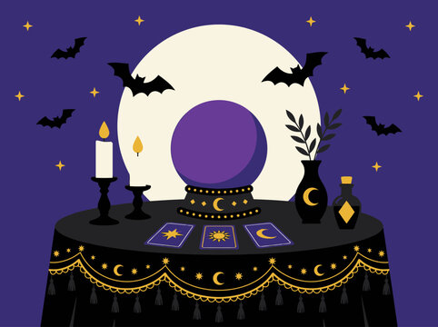Fortune teller table with crystal ball, tarot cards, and full moon illustration