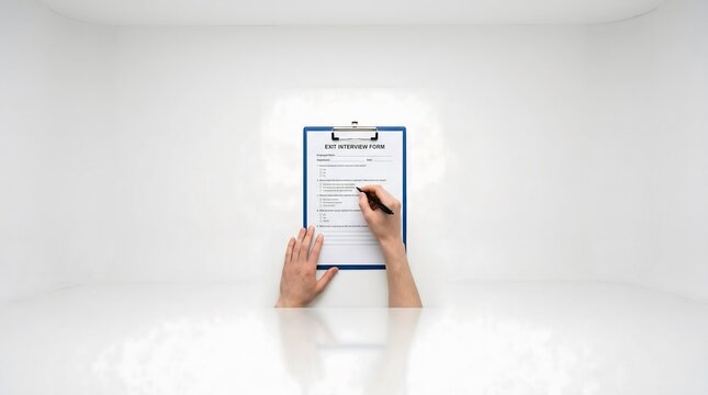 Professional filling out exit interview form on clipboard in office
