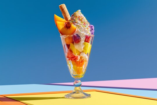 Fruit parfait ice cream sundae on vibrant colorful blocking background with hard shadows
