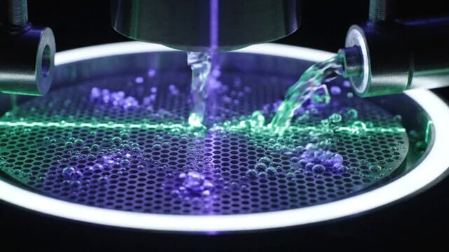 Close up of chemical process with purple liquid in industrial laboratory equipment.