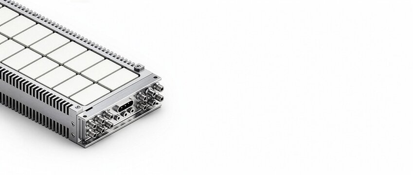 全固体電池パックモジュールの3Dレンダリング 背景白 コピースペース（21:9 Webヘッダー用）