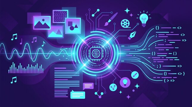 Generative AI concept showing an intelligent digital core producing creative content, code, images and multimedia in a futuristic flat design.