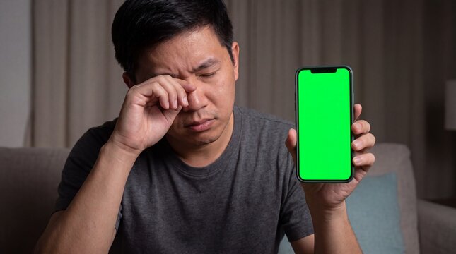 Digital Eye Health, A tired Asian man squints at a bright green screen, showing digital fatigue