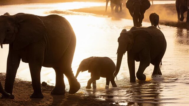 Crossing herd of elephants moving left toward near bank through shallow river, making ripples