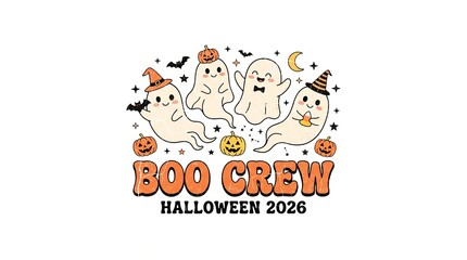 Fototapeta premium Boo Crew Halloween vintage vector design featuring cute friendly ghosts floating together with pumpkins and autumn leaves