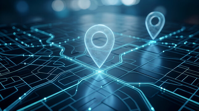 Futuristic digital map displaying intricate glowing network pathways and precise location markers, representing advanced navigation, smart city infrastructure, and global connectivity technology